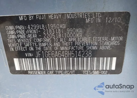 2011 Subaru Impreza 2.5I z USA, uszkodzony, nr VIN JF1GE6A64BH14238